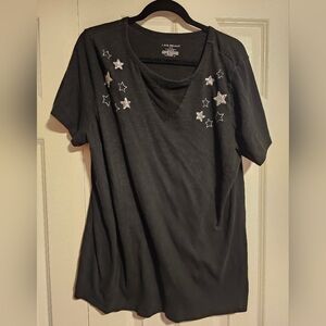 Lane Bryant Black T-Shirt w/ Star Embellishment And V-Neck Lace Detail
